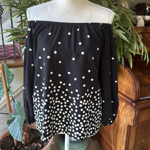 Ann Taylor factory petite XSP NWOT crewneck long sleeve black and white polkadot - Picture 7 of 7